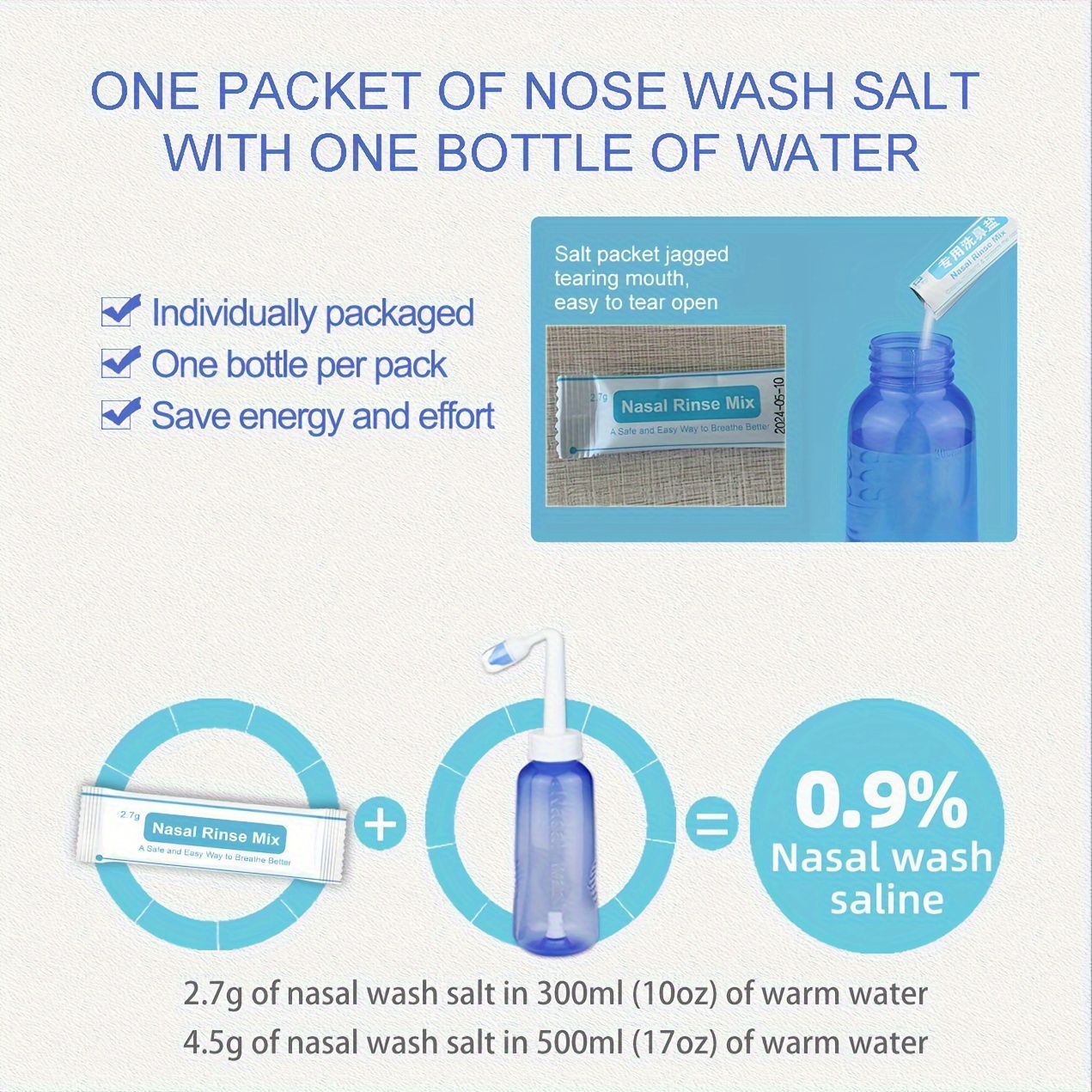 2.7g 60 Packs Nasal Irrigation Salt Nasal Rinse Mix Wash Nasal Salt For  300ml Cleans Moistens & Protects The Nose Health Care