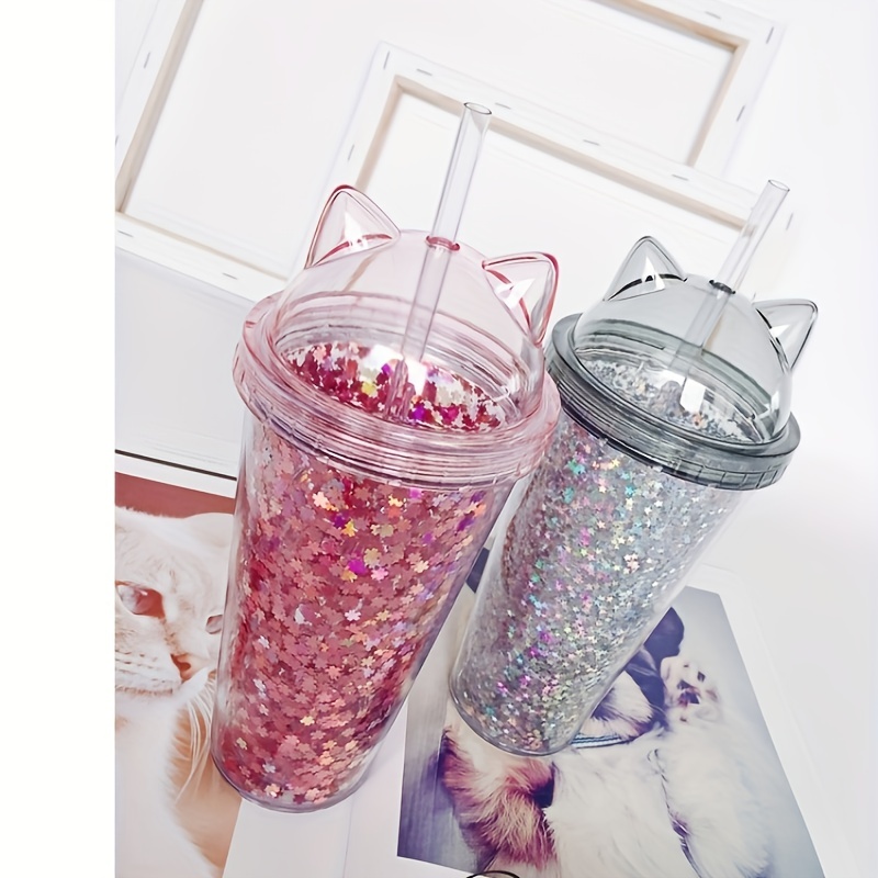 1pc Glitter Tumbler With Car Ear Lid And Straw Double Walled Water