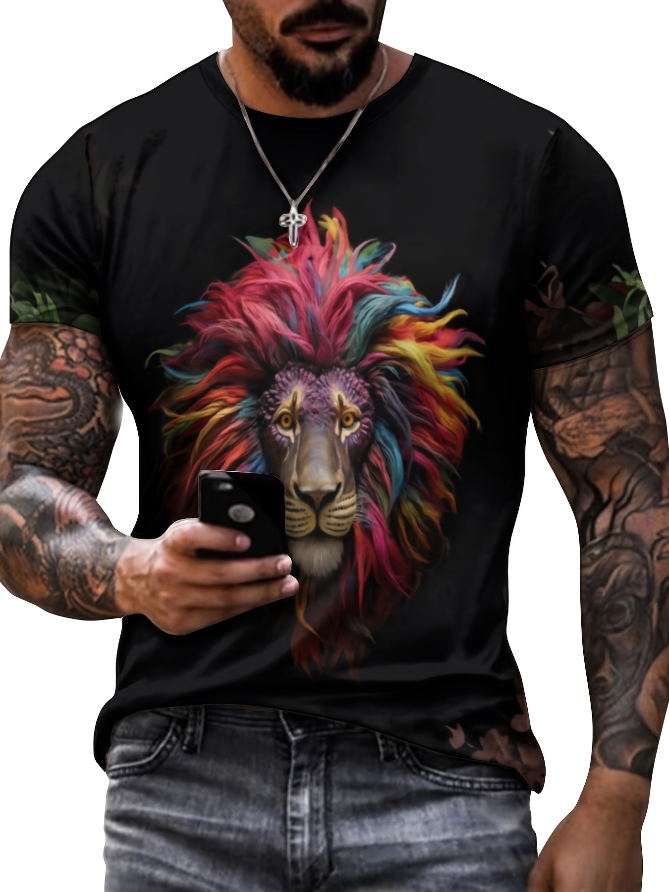 Men's 3D Lion T-shirt Stretchy Breathable Tee