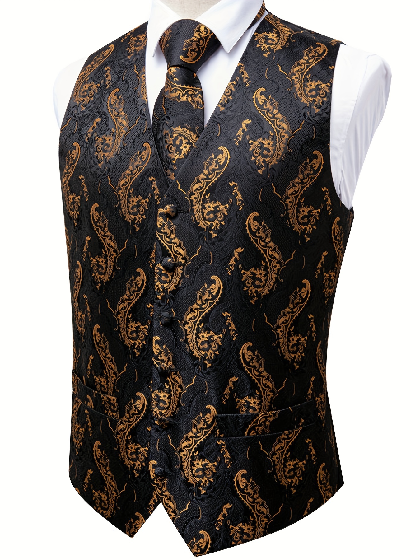 Plus Size Mens Gold Black Flora Silk V Neck Vest Suit Waistcoat Necktie  Square Hanky Cufflinks 4pcs Set For Wedding Suit Set, Buy More, Save More