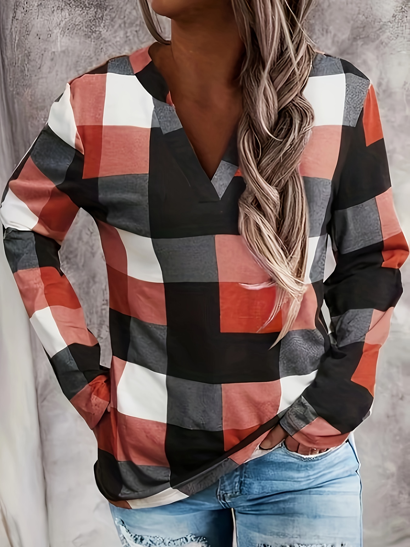 Plaid Print Deep V Neck Long Sleeve T-shirt, Casual Autumn & Winter Stylish  T-shirt, Women's Clothing