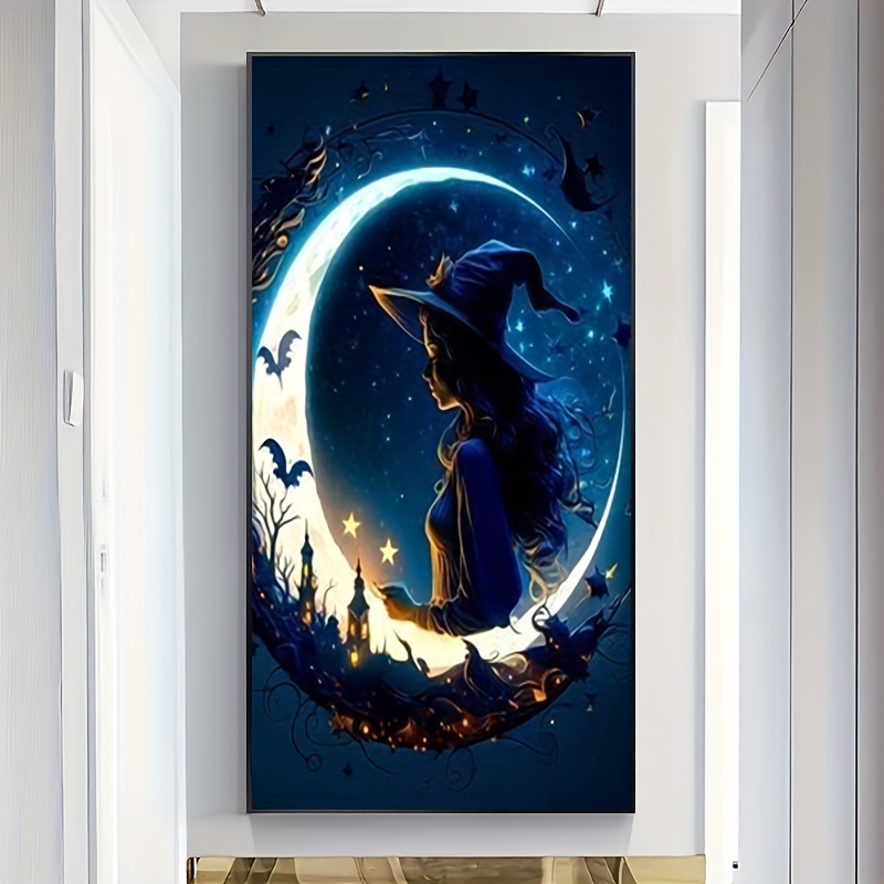 5D DIY Large Size Diamond Painting Kit Witch Crow Moon Halloween Decoration  Full Circle Diamond Embroidery Mosaic Art Picture Home Bedroom Living Room