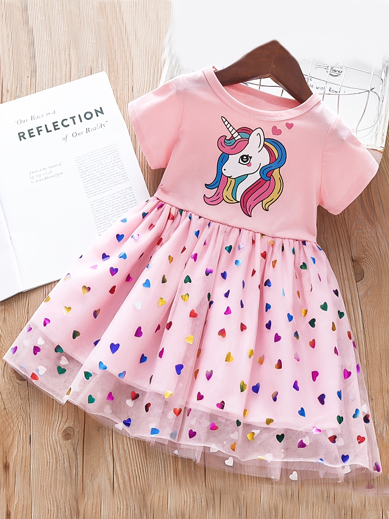 Girls Short Sleeves Crew Neck Cartoon Unicorn Sequins Heart - Temu Canada