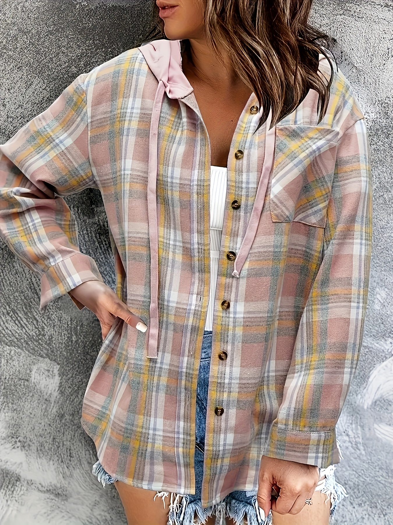 Hooded Plaid Print Blouse Casual Button Front Drawstring - Temu