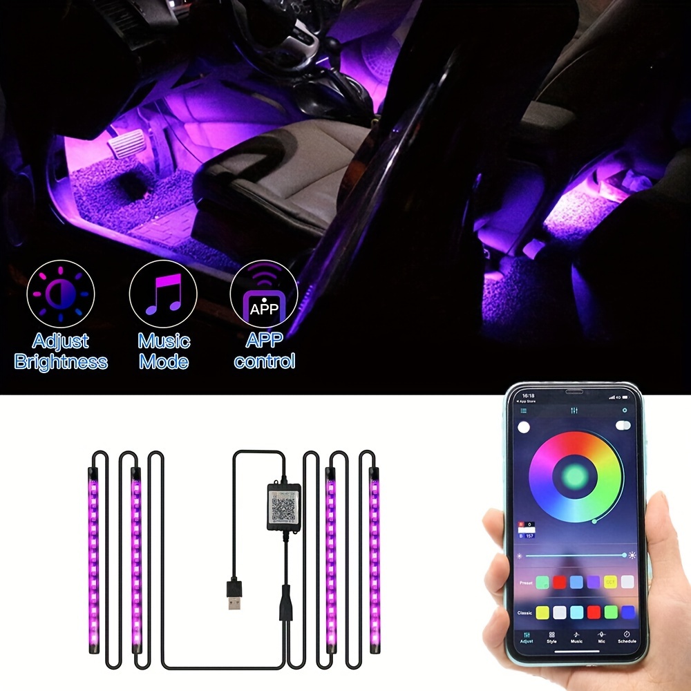 Lampe de pied de voiture à LED, lumière ambiante RVB, application USB,  télécommande sans fil, contrôle de la musique, intérieur automobile,  lumières