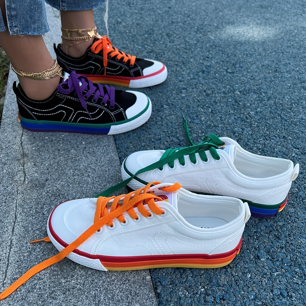 womens rainbow canvas sneakers lace up low top flat skate shoes casual walking shoes 8