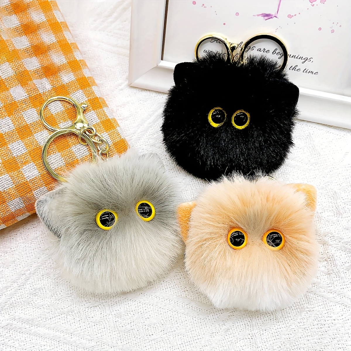 Cat Pom Pom Plush Keychain Cute Cartoon Animal Bag Key Chain - Temu