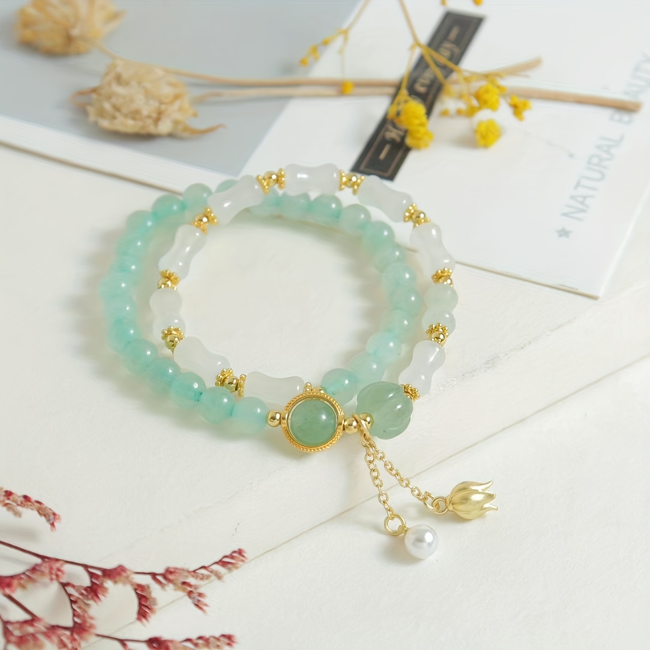 

1pc Unisex Jade Stone Multi Loop Delicate Bracelet Brings Lucky Bracelet Bamboo Shaped Stone Couples Bracelet Gift For Family