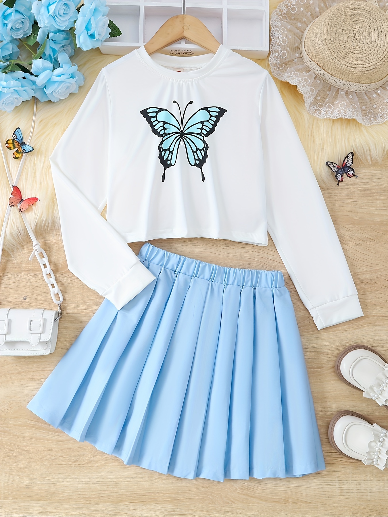 Preppy Style Girls Butterfly Print Pullover + Solid Pleated - Temu