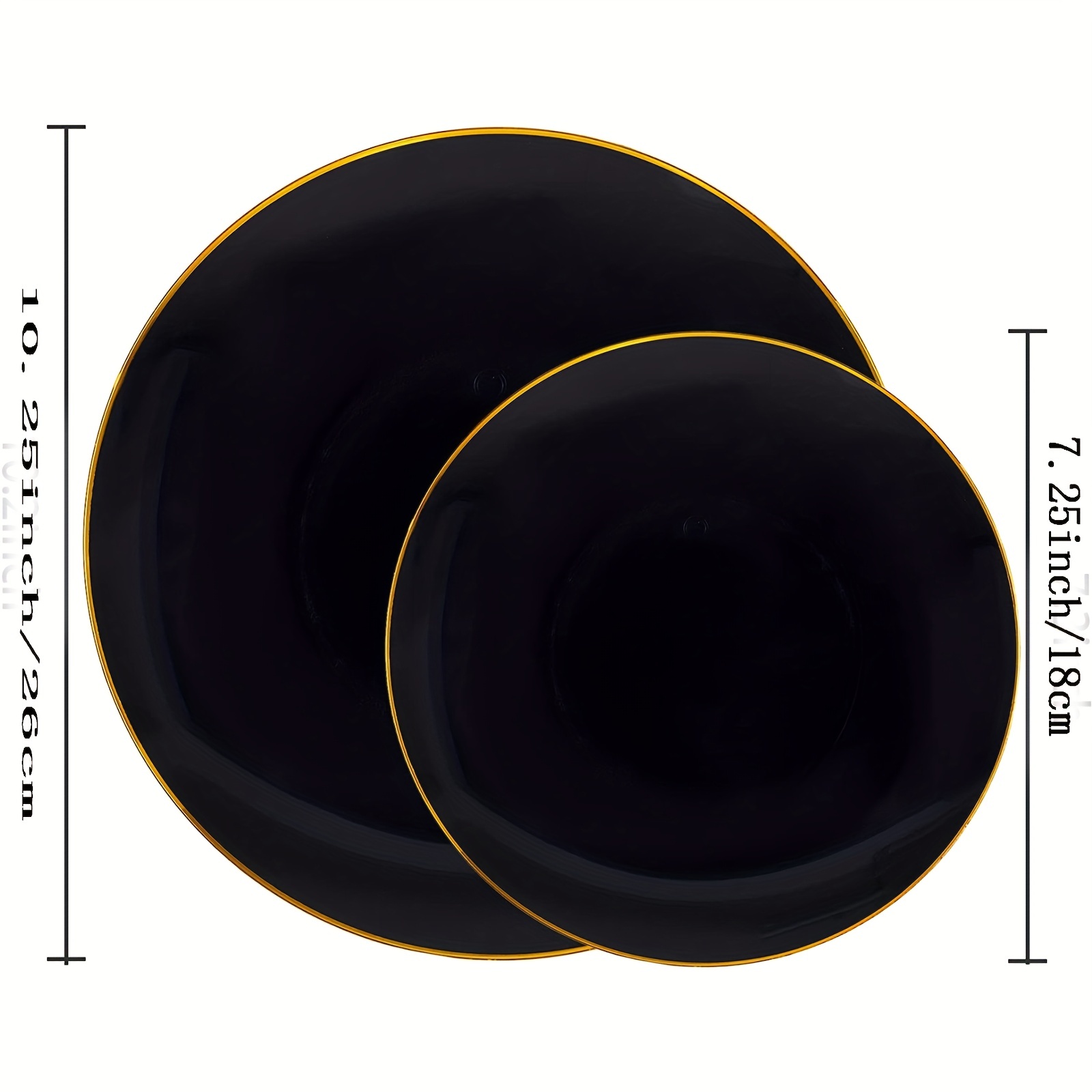  Lot45 Platos negros para fiesta, paquete de 100 – Platos  redondos de plástico negro de 10.25 pulgadas con ribete dorado – Pequeños platos  negros, platos de postre negros – Platos de