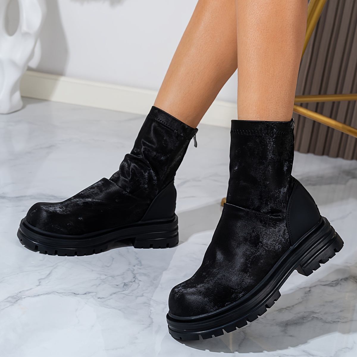 Women's Stretch Ankle Boots, Comfortable Round Toe Chunky Boots, Back  Zipper Design Short Boots