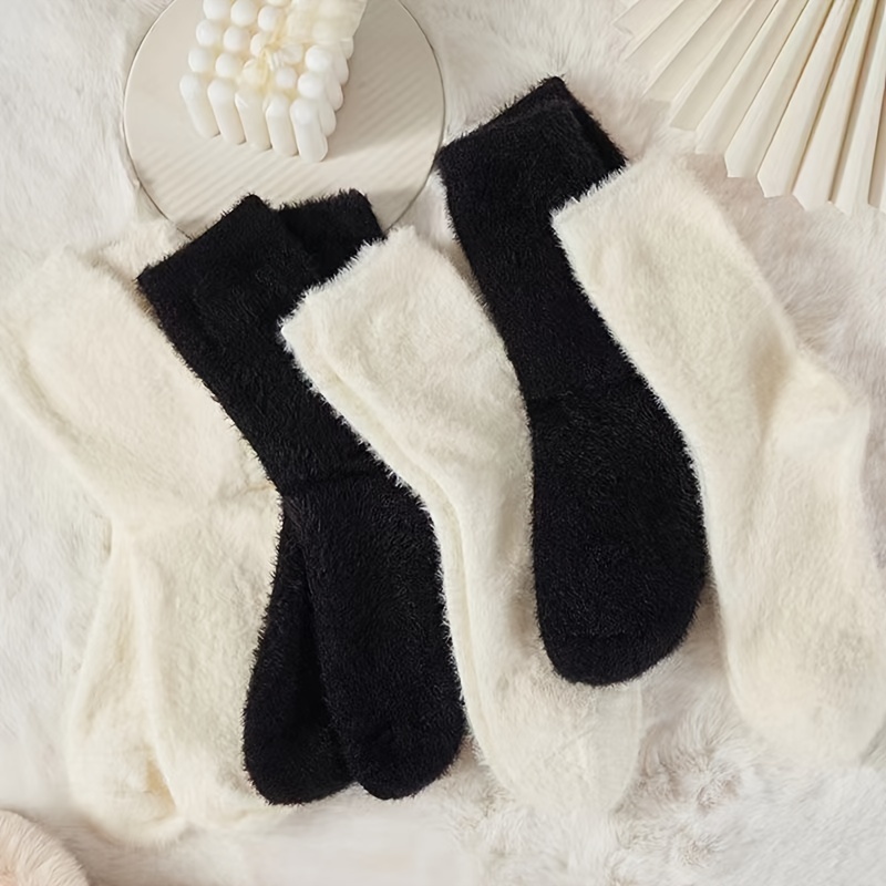 

5 Pairs Cozy Fleece Fluffy Socks, Solid Winter Warm All-match Slipper Mid Tube Socks, Women's Stockings & Hosiery