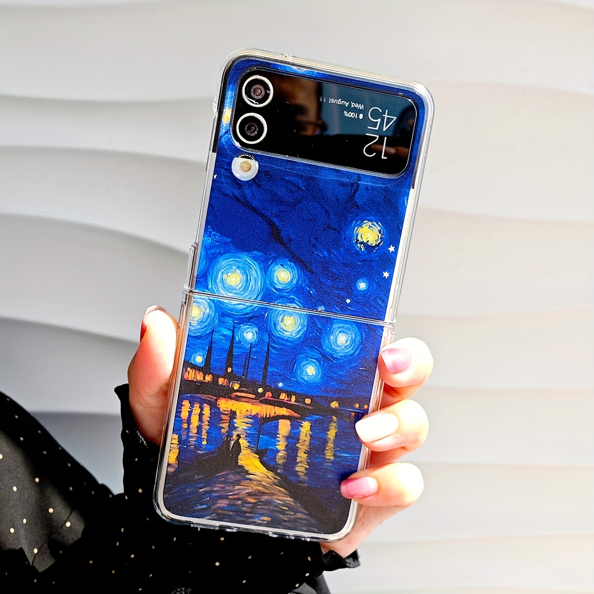

1pc Oil Painting Embossed Painted Starry Sky Night Moon Star Blue Landscape Creative Small Fresh Girls Graffiti Transparent Folding, Suitable For Samsung Zflip 3/4/5/fold Phone Case