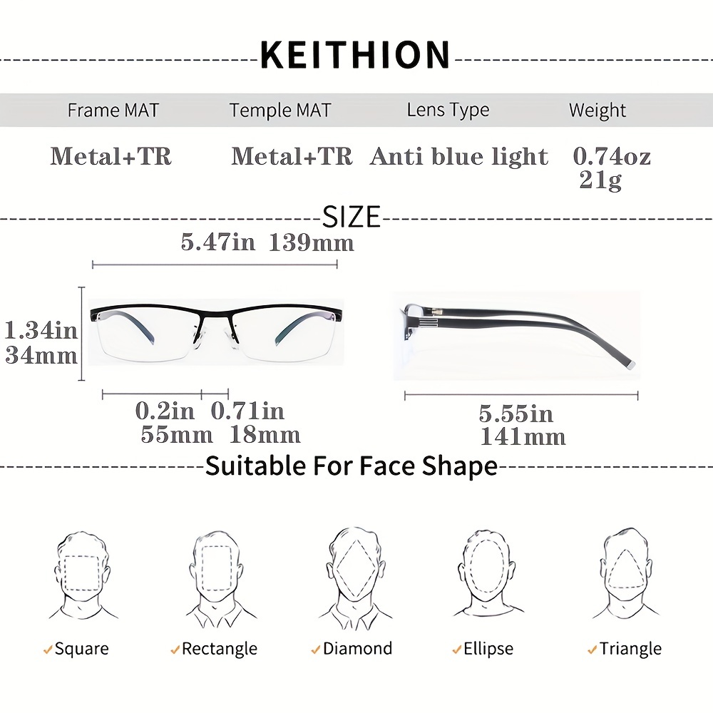 Men's Metal Half Frame Reading Glasses Light Blocking