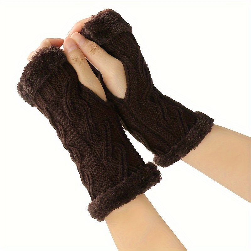 1 Pair Fleeced Thick Knitted Fingerless Gloves Fleece Lined Autumn