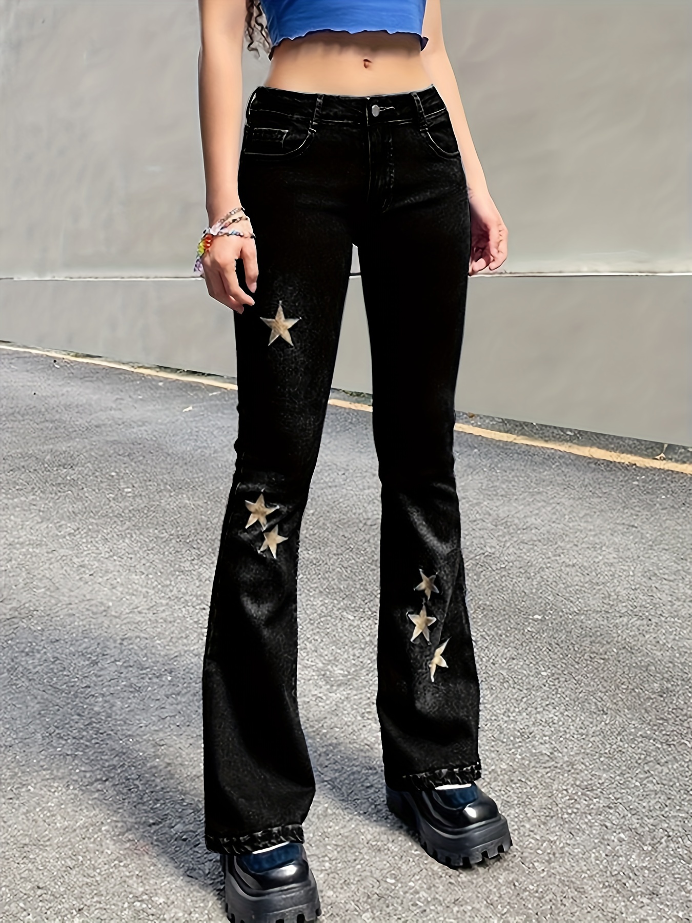 Embroidered Denim Pants for Woman in Denim/gold