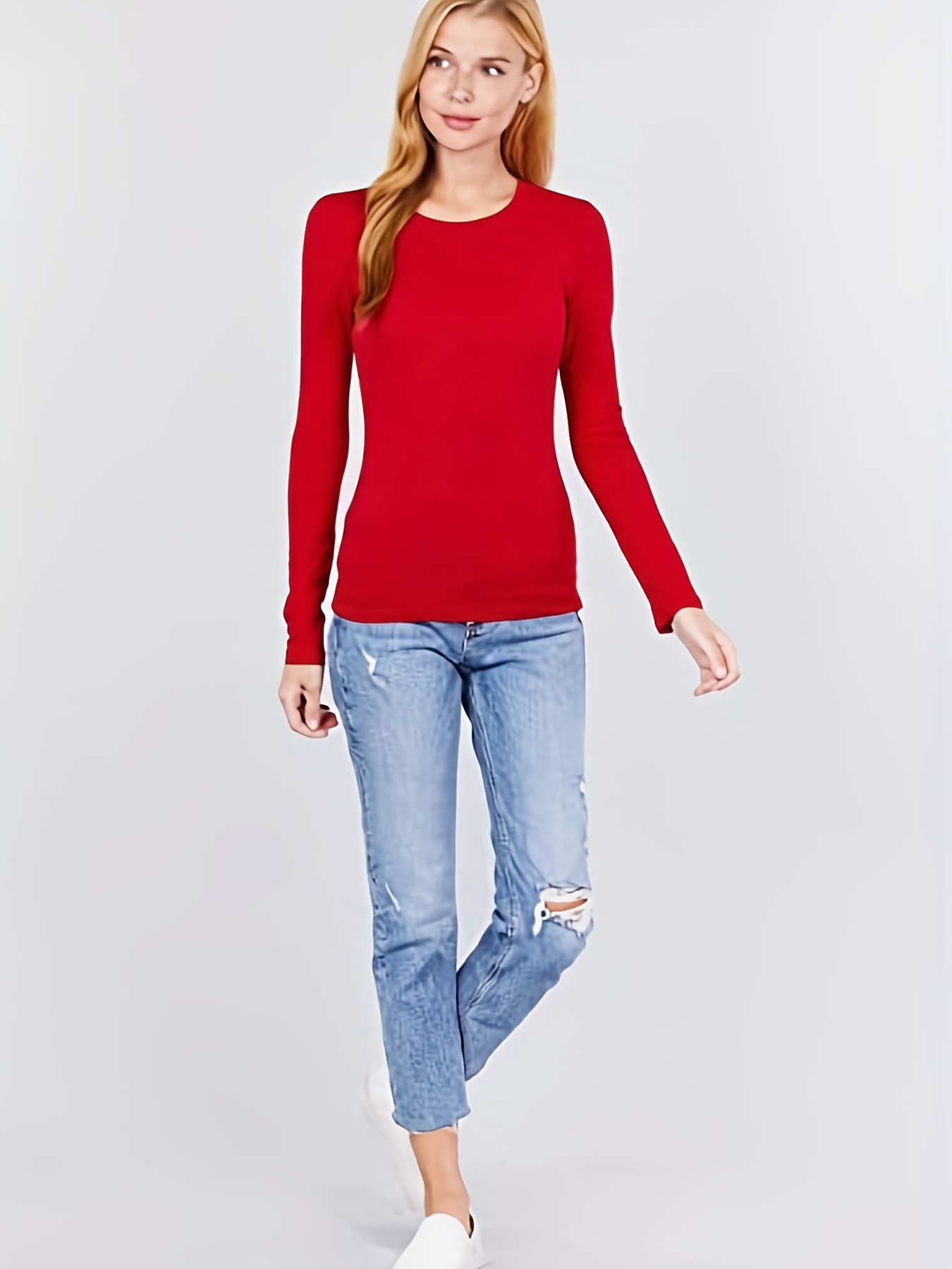 Basic Skinny Stretchy Top Long Sleeve Crew Neck Solid T - Temu
