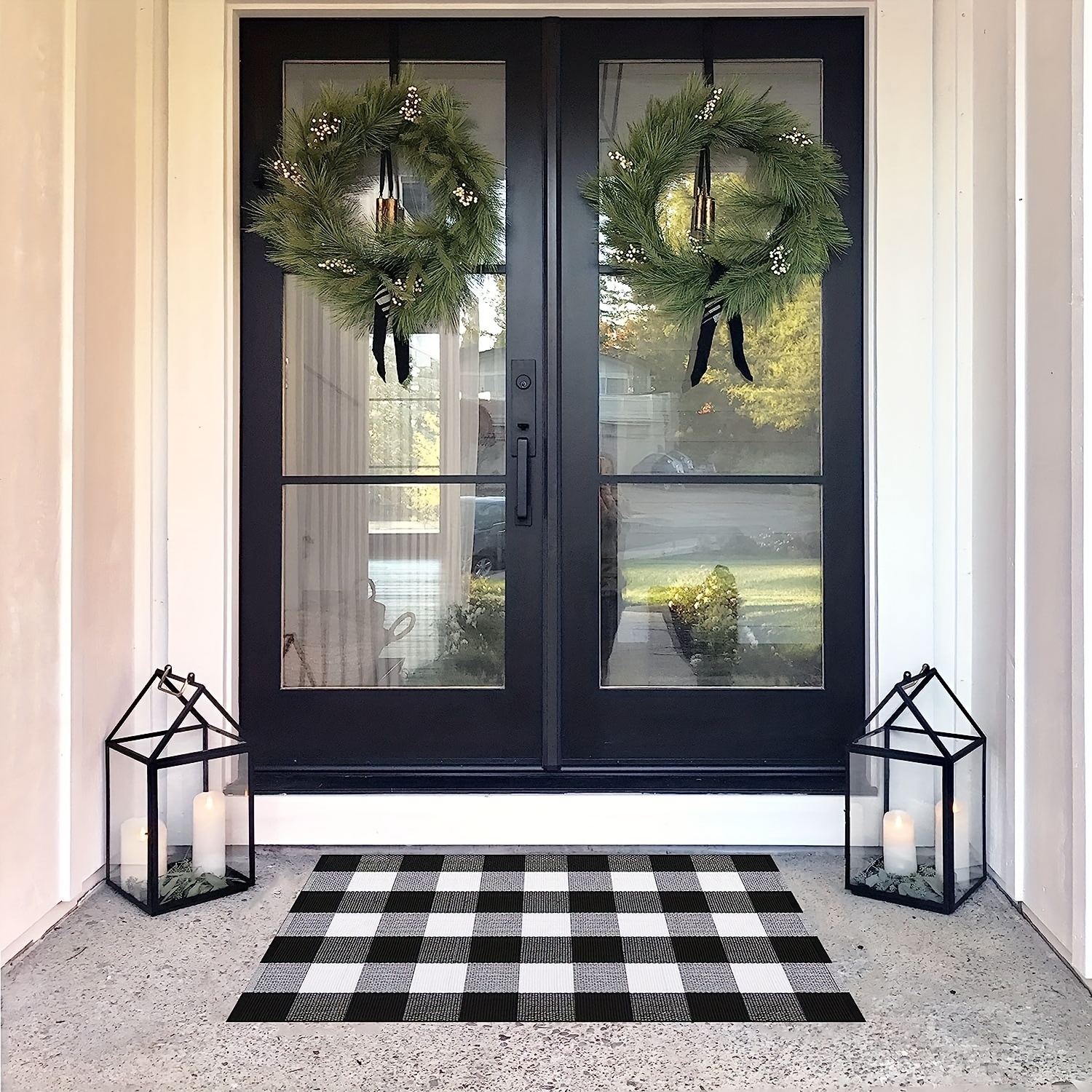 Buffalo Plaid Doormat, Black And White Hand Woven Checked Rugs