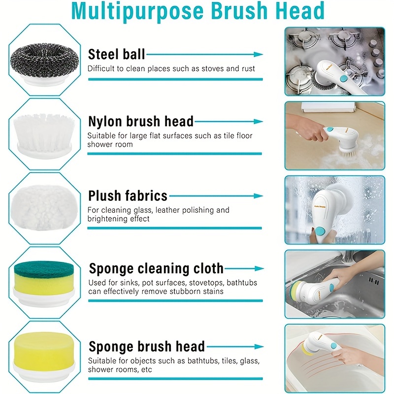 set electric scrubber with 5 replaceable brush heads portable spin scrubber cordless handheld cleaning brush for bathroom tub wall tiles floor kitchen details 1