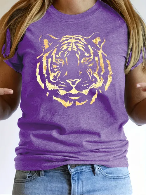 Tiger Print Crew Neck T Shirt Casual Short Sleeve Top For Spring Summer ...