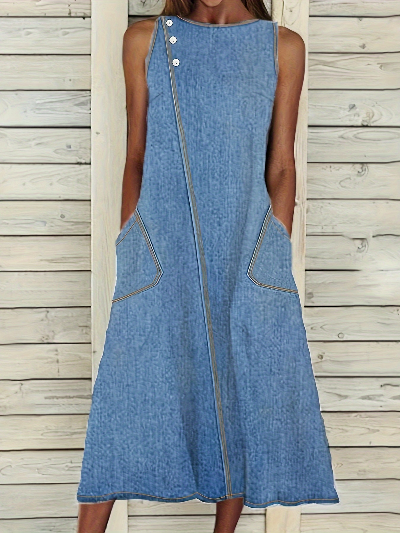 Джинсовое платье-майка без рукавов с искусственными пуговицами в стиле пэчворк, летнее эластичное повседневное джинсовое платье с круглым вырезом и карманом, женская джинсовая одежда