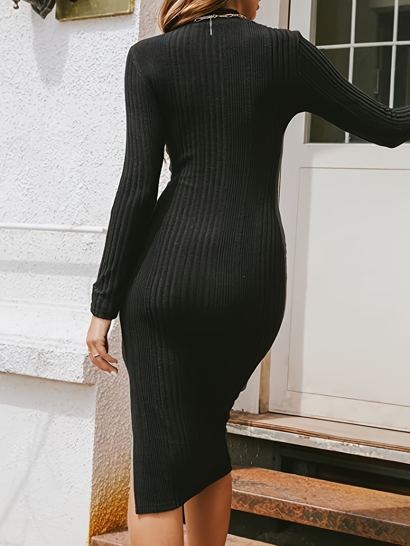 Long Sleeve Ribbed Knit Dress, Casual Mock Neck Pencil Dress For