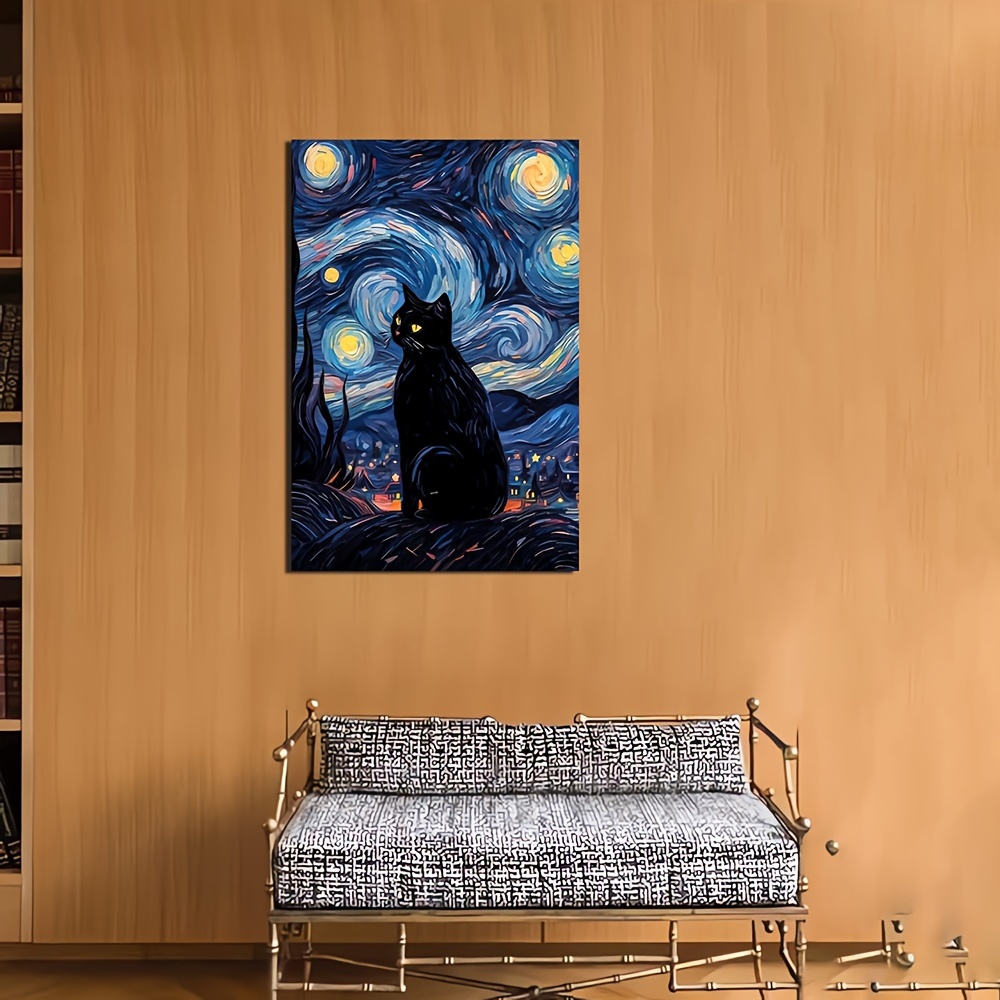 1ピース 黒猫ポスター星月夜猫アートキャンバス絵画レトロ寝​​室