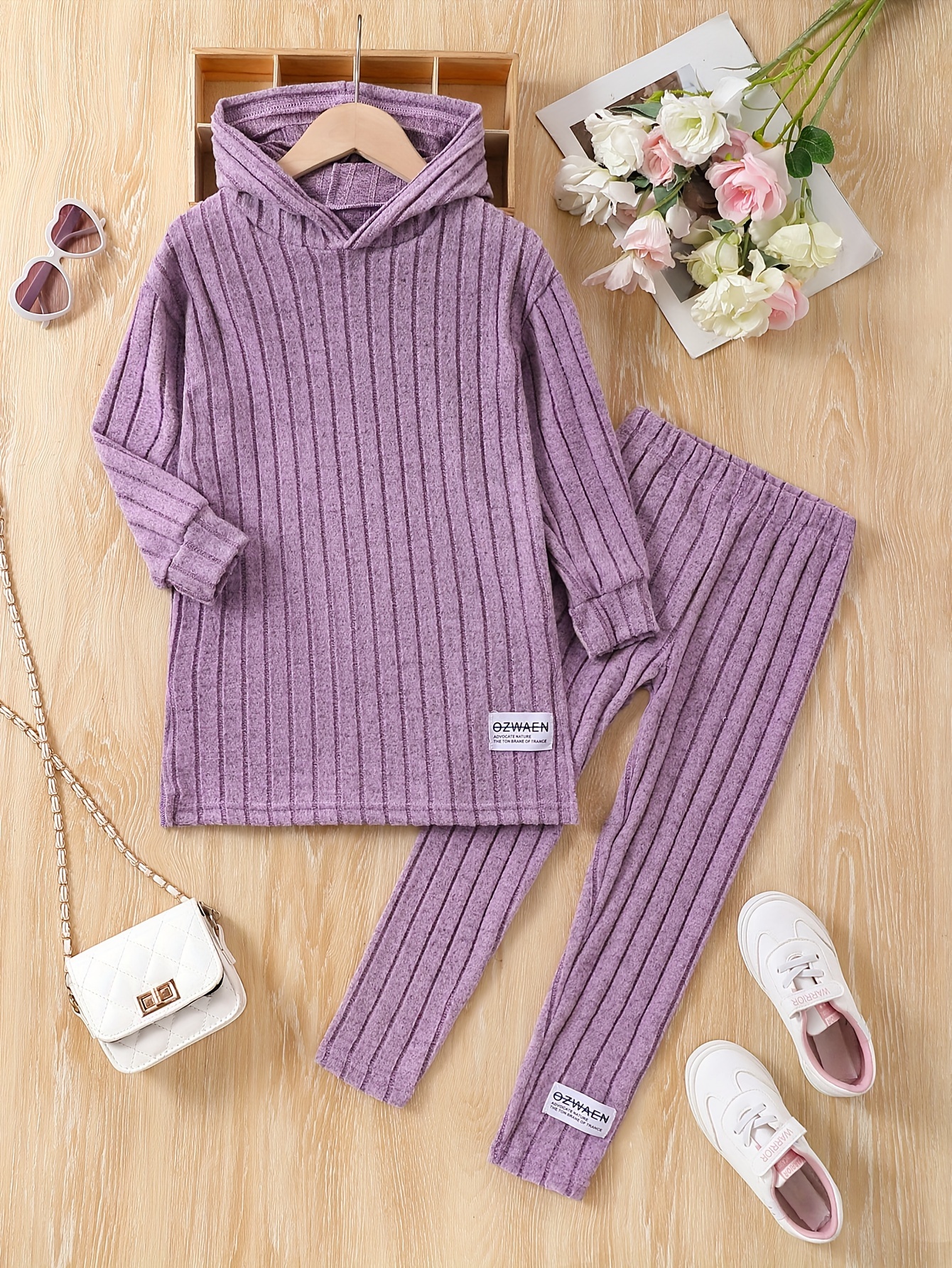 Girls Ribbed Knit Outfits, Hooded Pullover + Pants Set For Spring