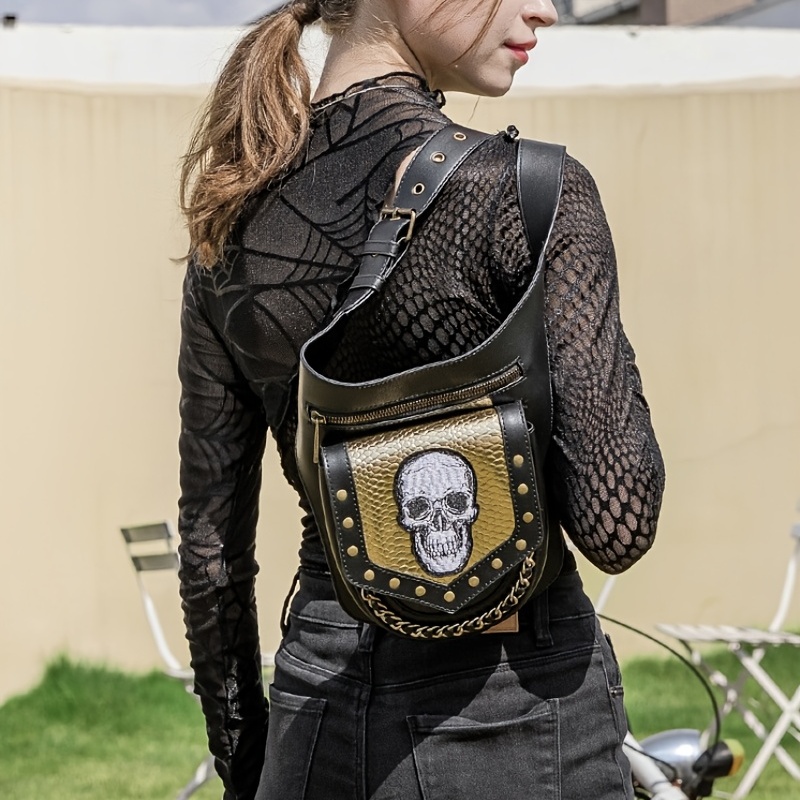 Punk Gothic Men Women Messenger Shoulder Bag Vintage Fashion Steampunk  Rivets Cross Body Bag Black PU Leather Envelope Bags