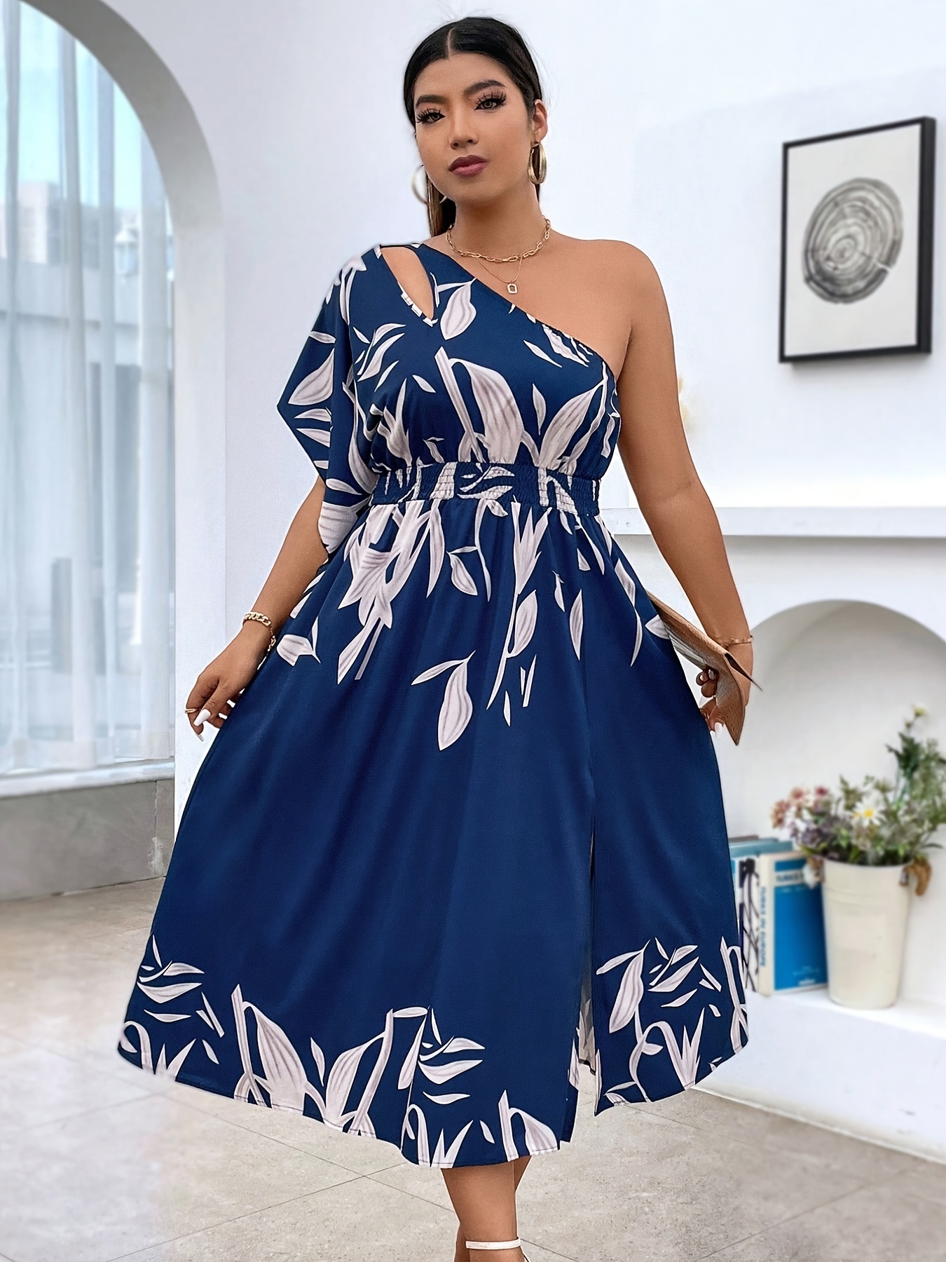 Blue Print Cut Out Waist Maxi Dress