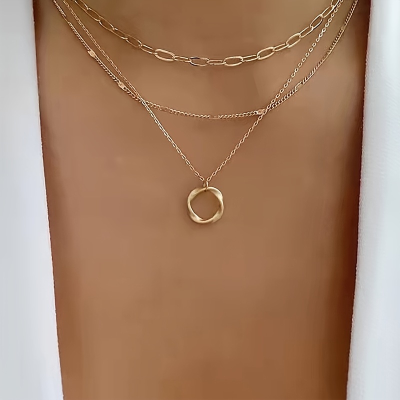Golden Circle Pendant Necklace Adjustable Layered Clavicle Chain