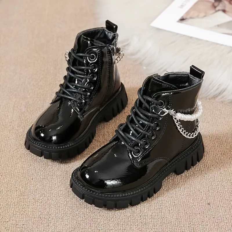 Girls Patent Leather Ankle Boots Pearl Chain Design Lace Up Side