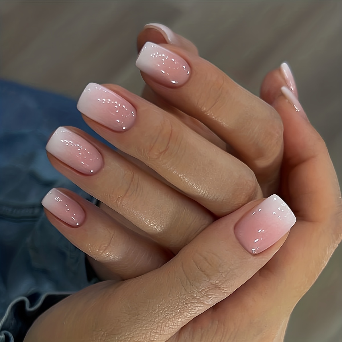 Light Pinkish Gradient Fake Nails Short Square Press Nails - Temu