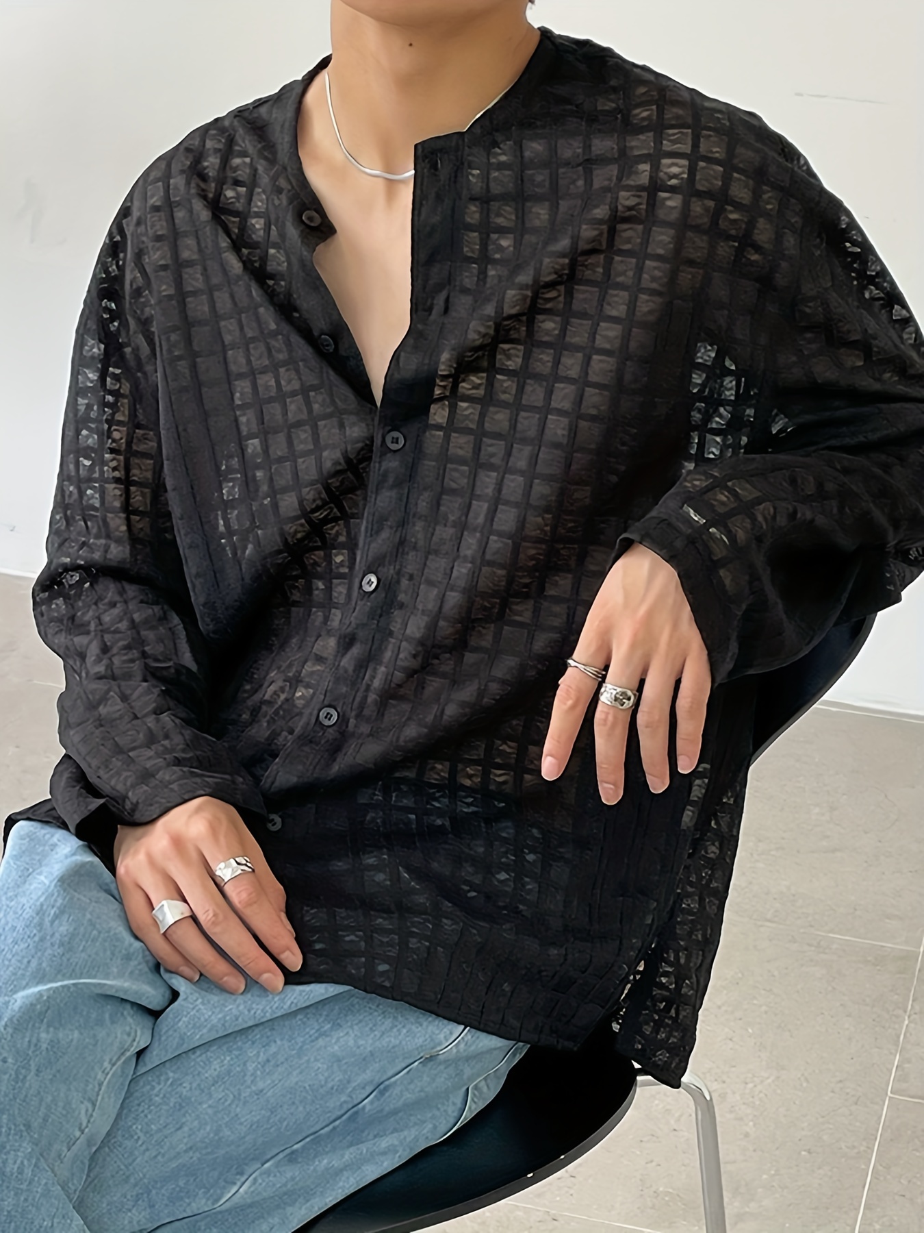 Men's Fishnet Sheer Shirt Tops Long Sleeve Round Neck Tee - Temu Canada