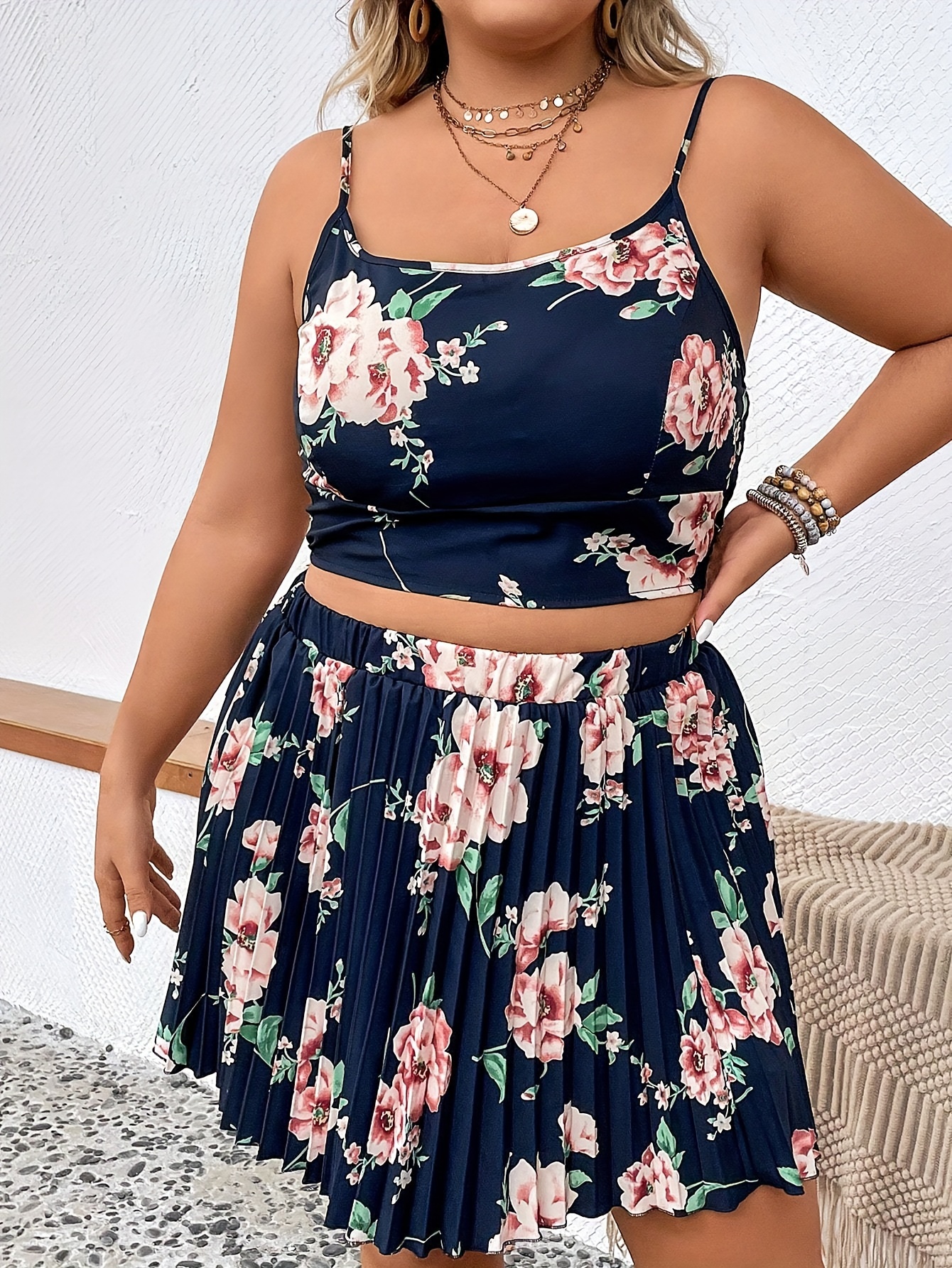 Plus Size Casual Outfits Set Women's Plus Floral Print Round - Temu