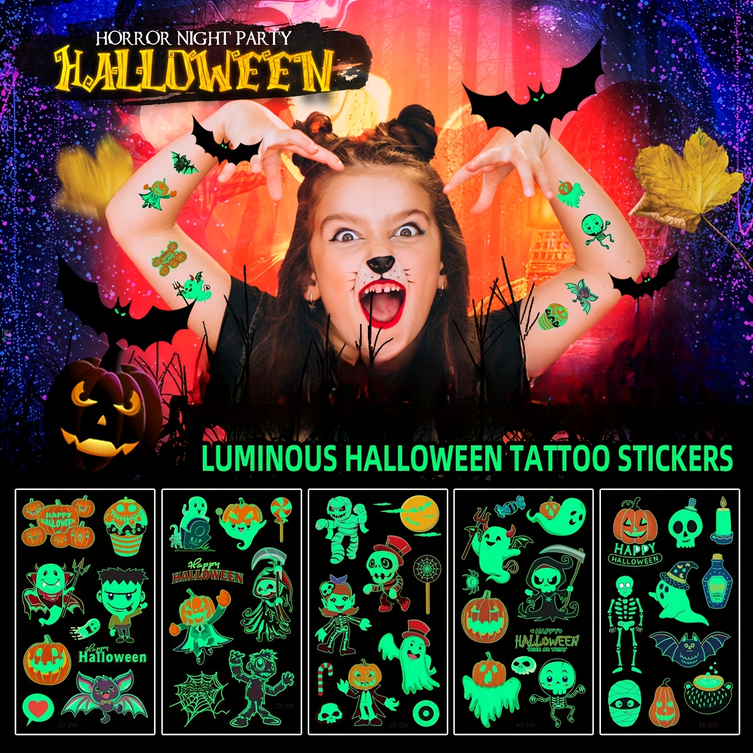 Tatuajes temporales de Halloween para niños, 200 estilos de tatuajes falsos  de calabaza de Halloween para niños y niñas, regalos de fiesta de