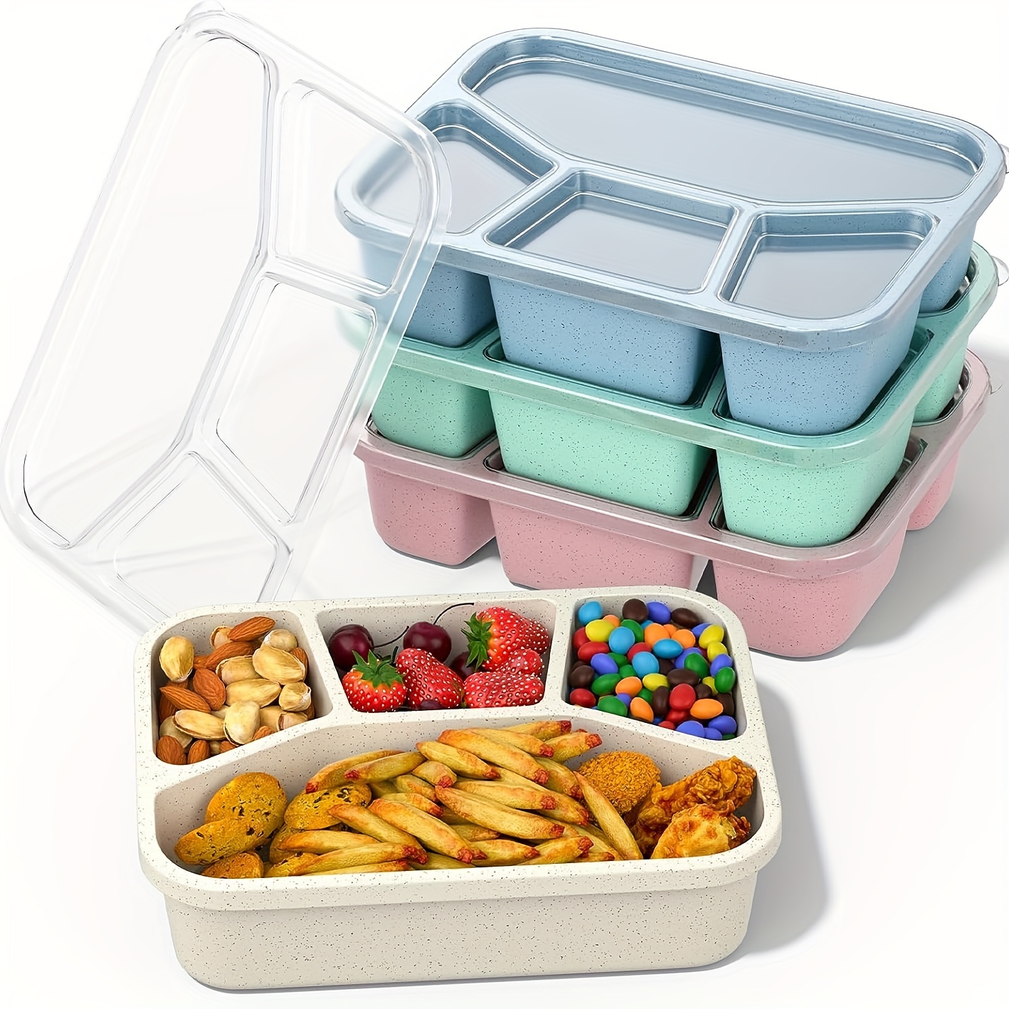Leakproof And Light Blue Wheat Straw Divided Grid Lunch Box For