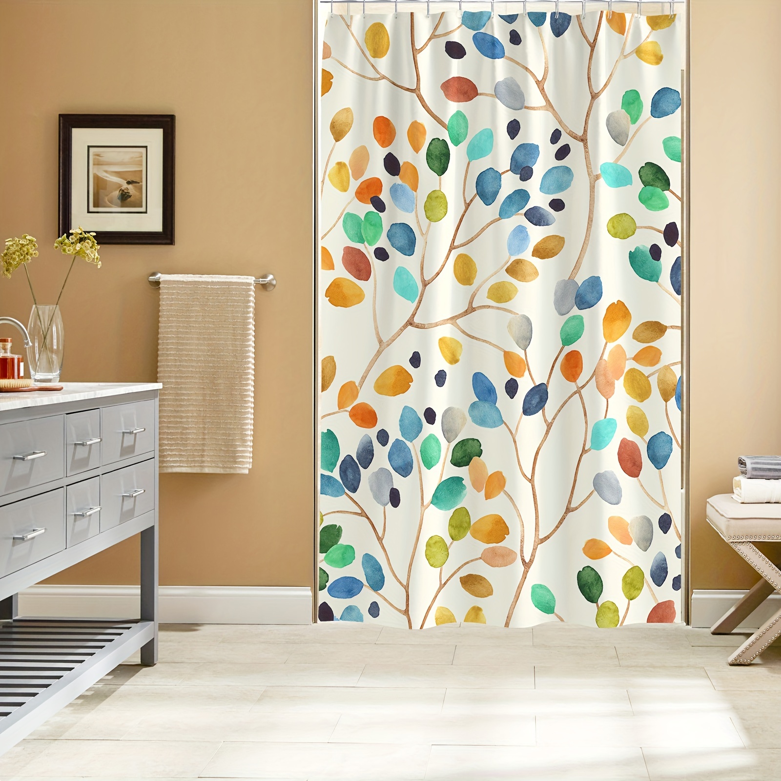  Cortina de ducha floral, de tela, hojas tropicales y flores,  ilustración de plantas de verano, cortinas para duchas de baño y bañeras,  55 pulgadas de ancho x 84 pulgadas de largo