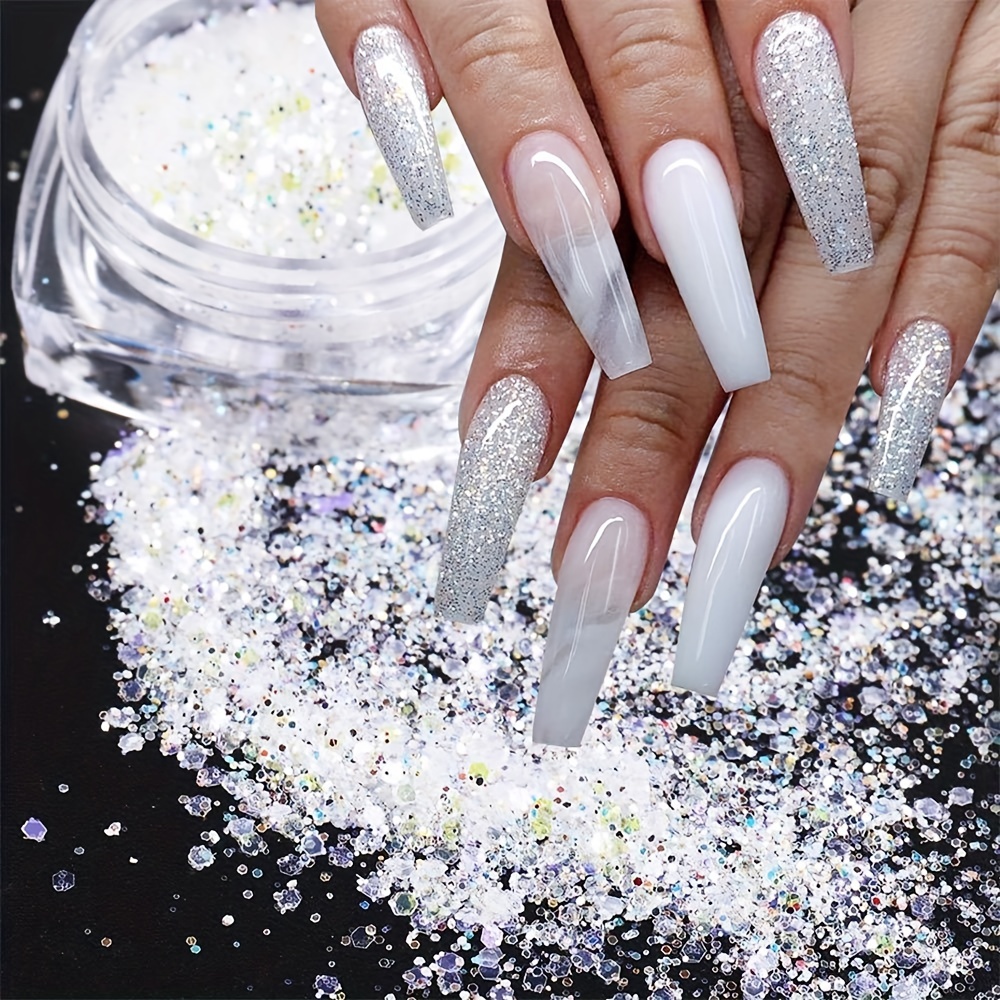 OMOSIROI 2 unidades de 10 mlBox Nail Glitter Powder Puntas de polvo blanco  plata polvo 0.039 in manicura arte decoraciones