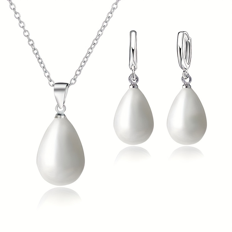 

1 Pair Of Earrings + 1 Necklace Silver Plated Waterdrop Shape Design Inlaid Faux Pearl Match Daily Outfits Party Accessories