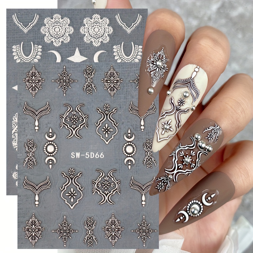 

3 Sheet 5d Embossed Nail Art Stickers, Lace Totem Pendant Badge Art Decals For Nail Art Decoration, Self Adhesive Nail Art Supplies For Women And Girls