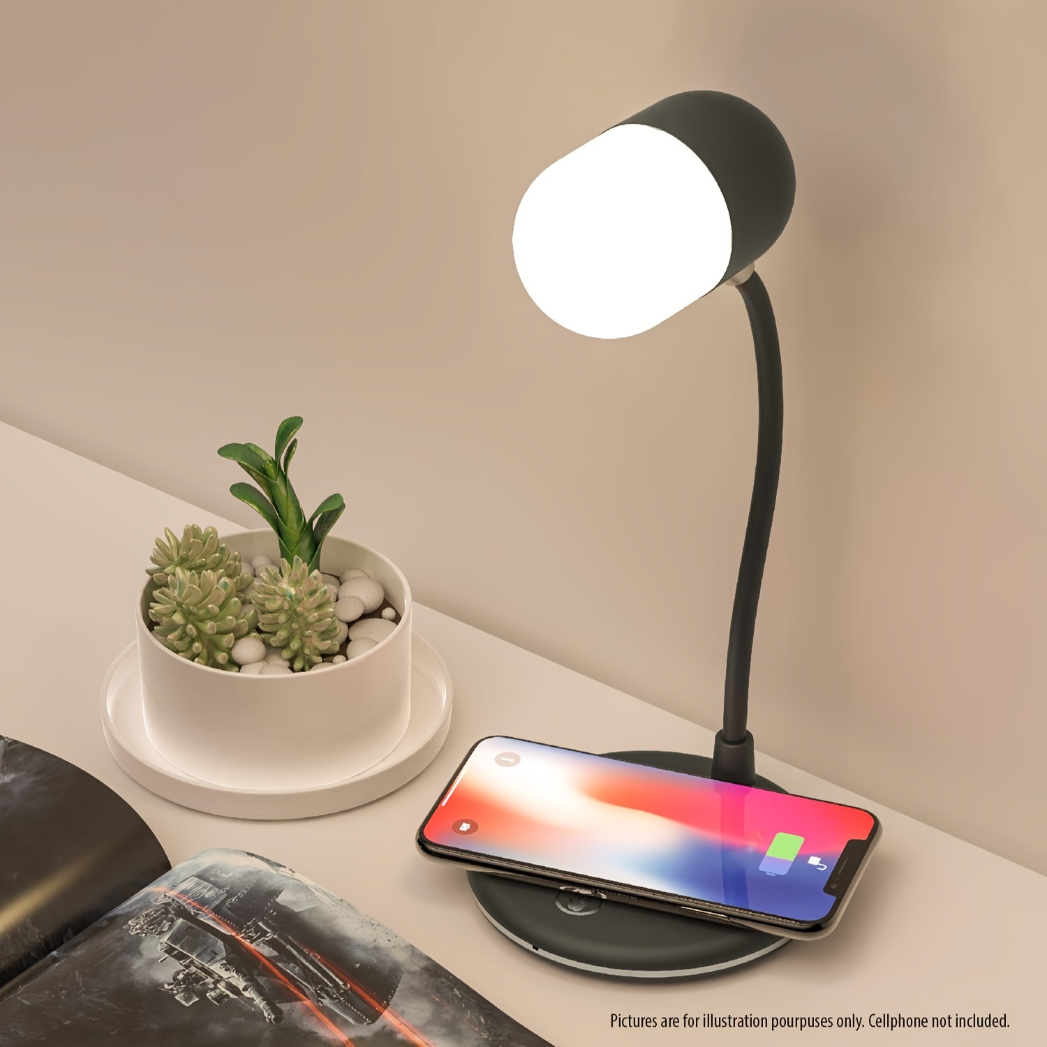 Lámpara de noche Qi cargador inalámbrico LED lámpara de escritorio con  reloj despertador, control táctil 3 tonos de luz, lámpara de mesa de carga