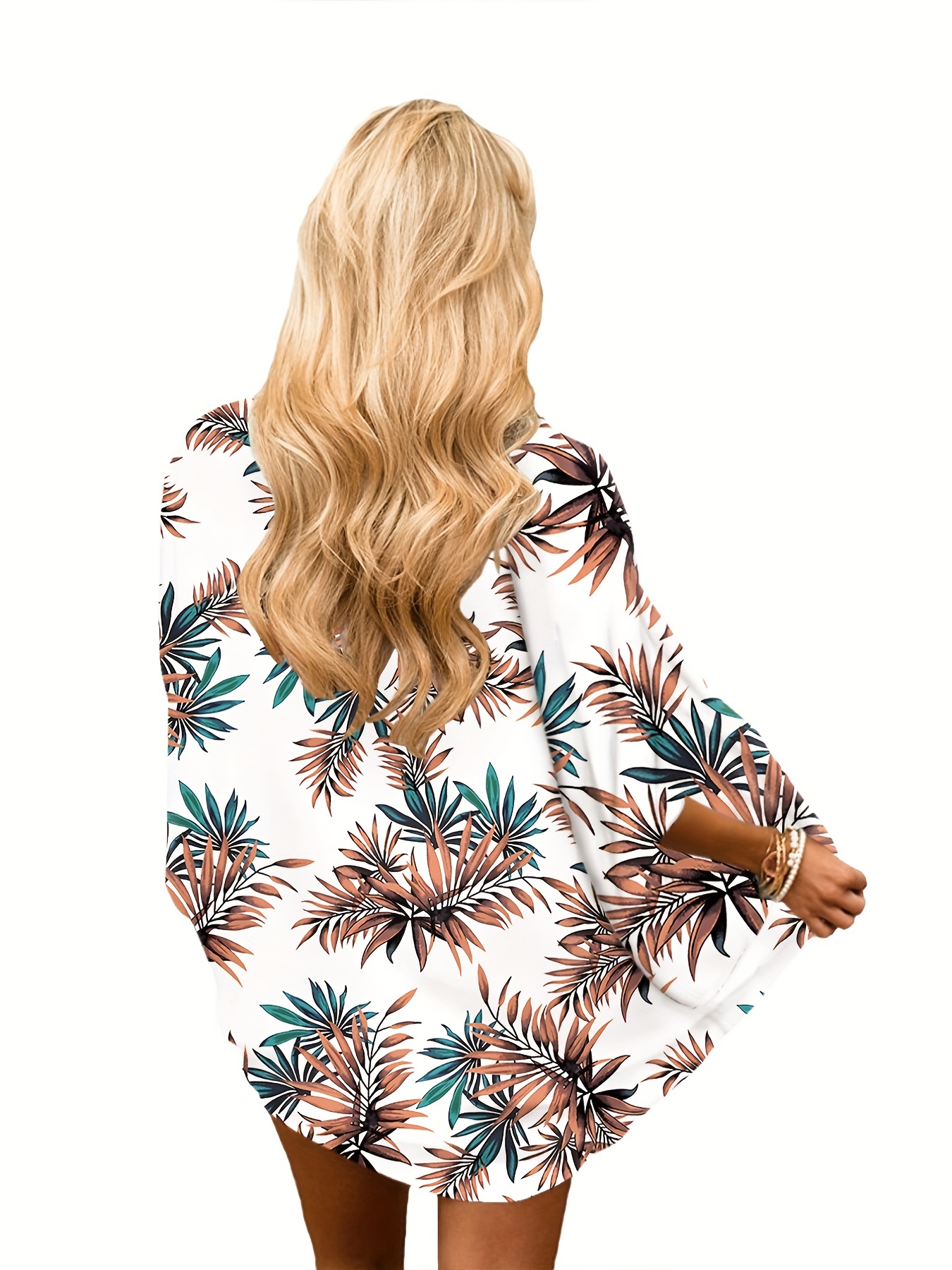Leaf Print Cover Up Shirt V Neck Loose Fit Half Sleeves Non Stretch