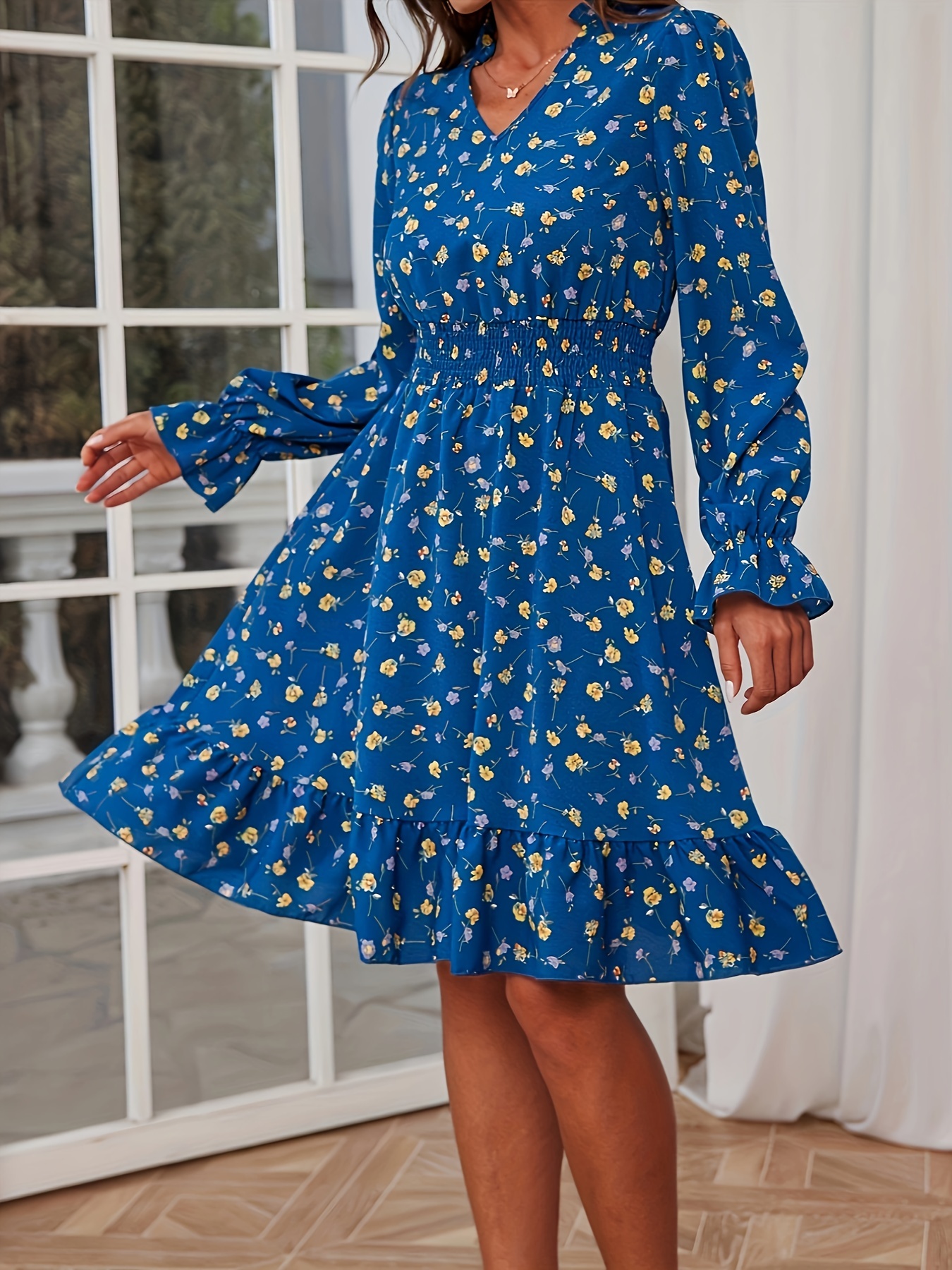 Blue Ditsy Floral Print Shirred Dress