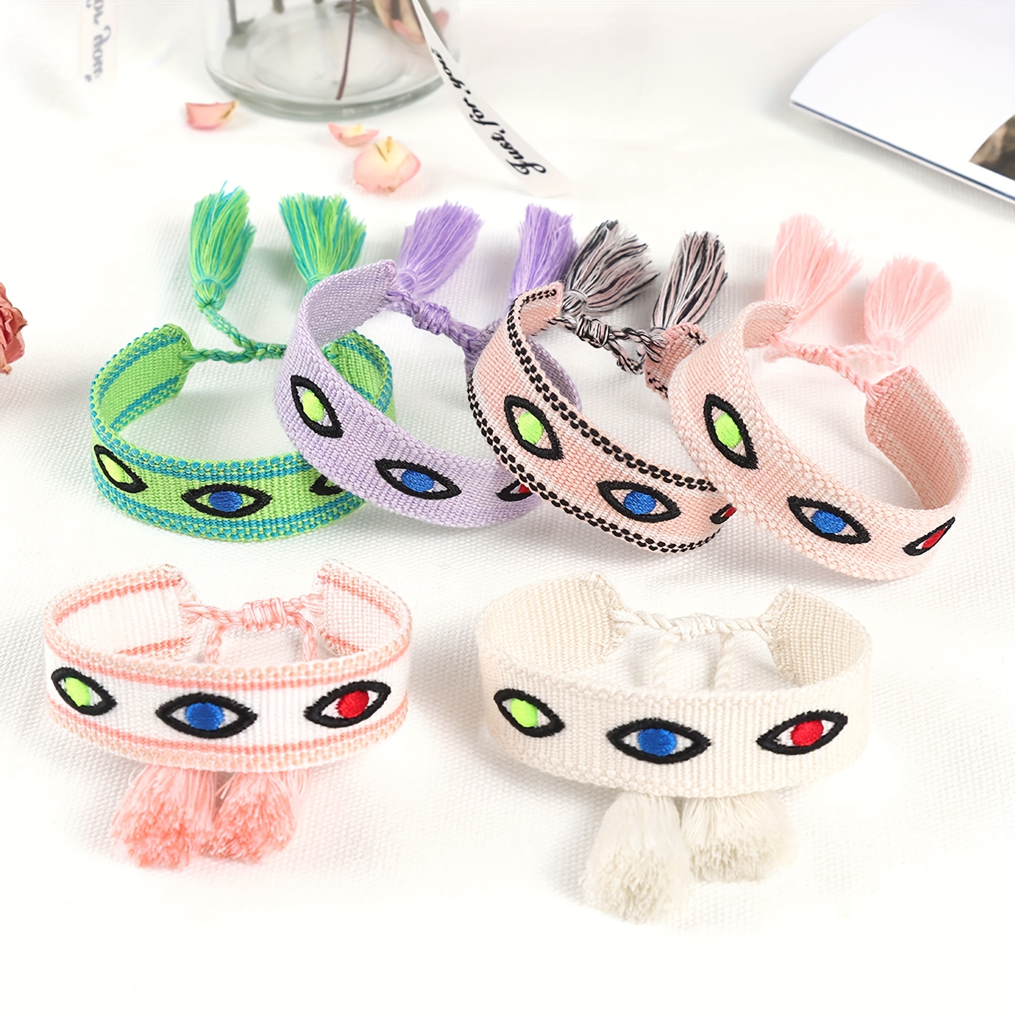Multicolor Evil's Eyes Embroidered Tassel Bracelet, 10 Colors