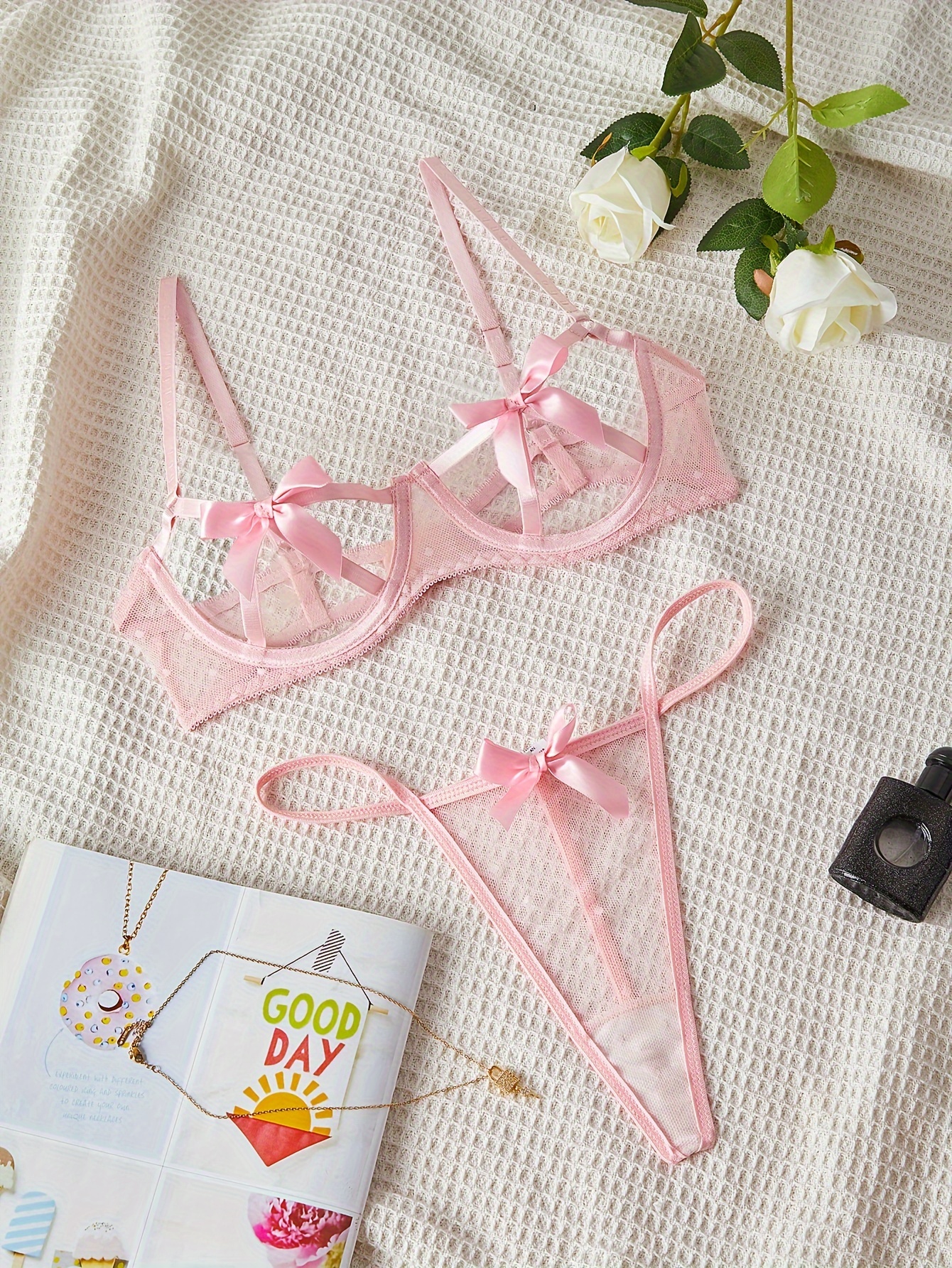 Floral Lace Sexy Lingerie Set Strappy Bow Hollow Bra Semi - Temu