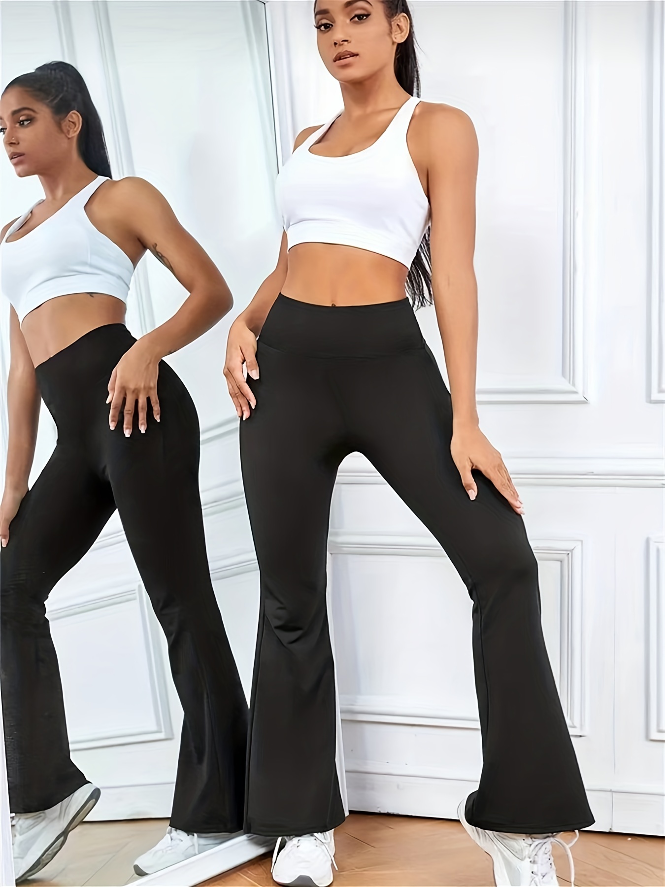 Compra online de Mulheres oco cintura larga calças compridas cintura alta  cor sólida perna larga calças largas yoga esporte ginásio calças