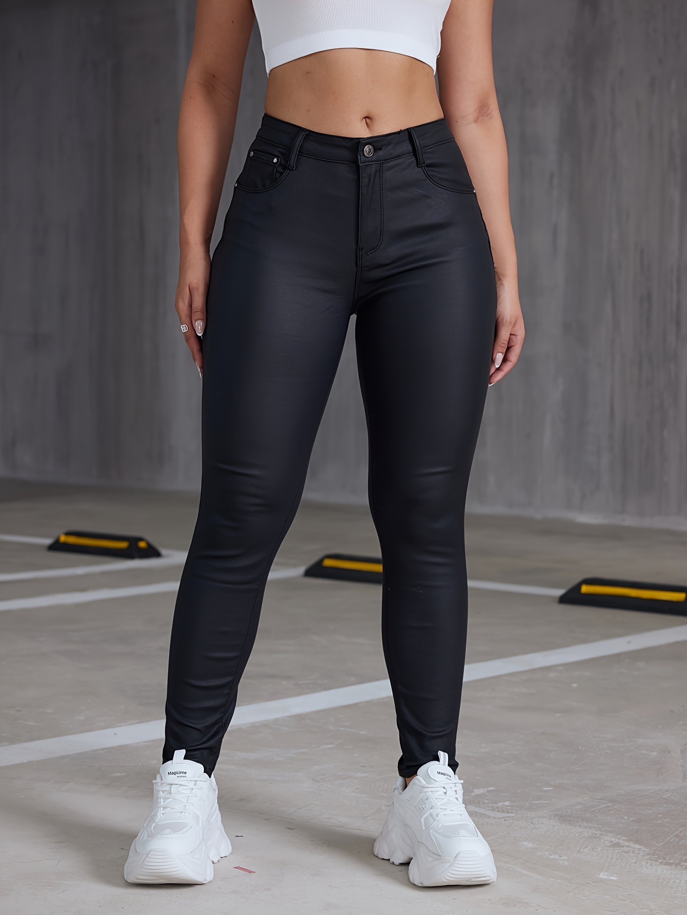 Solid Faux Leather Skinny Pants Casual Every Day Leggings - Temu