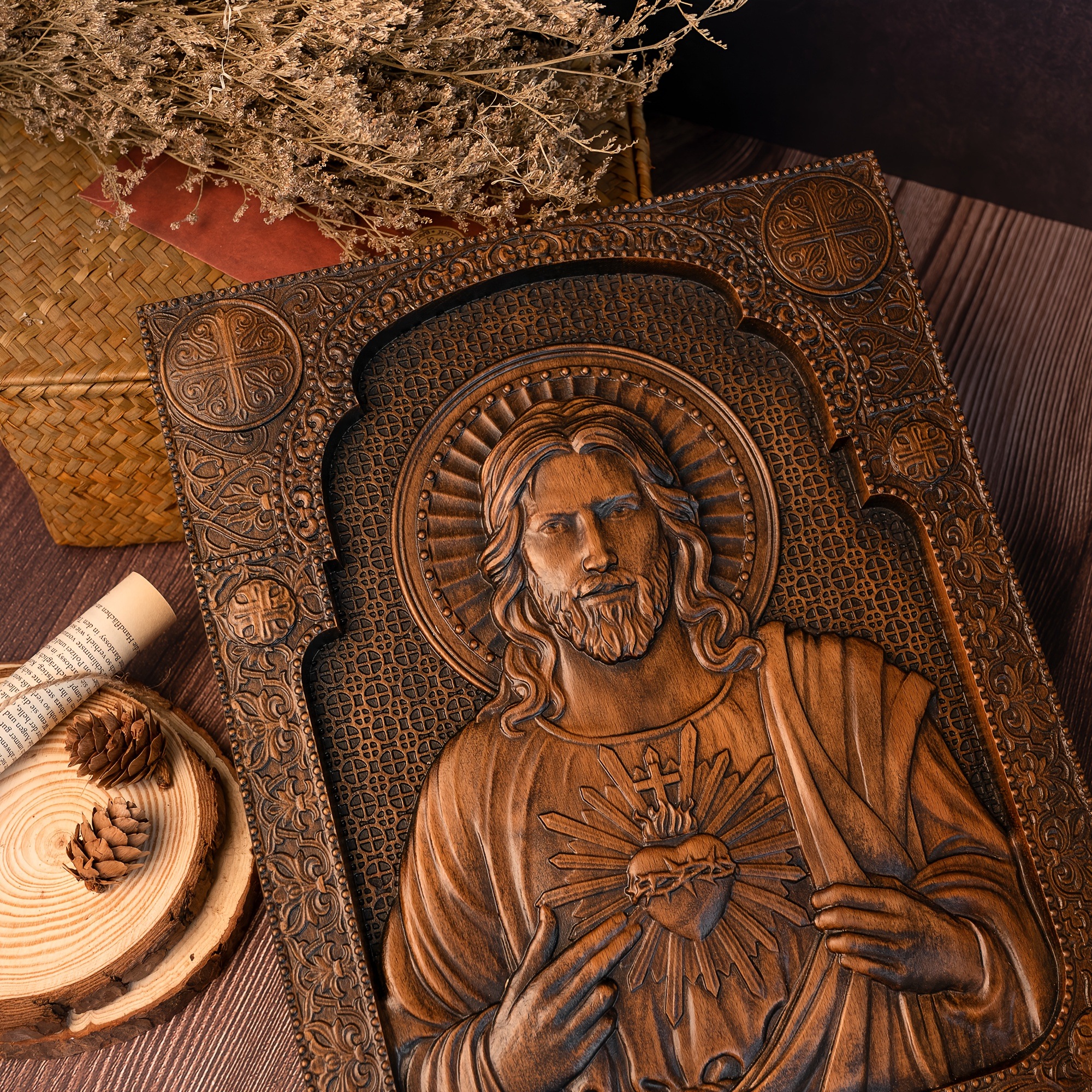 1pc  木彫りの彫刻、私たちの主の聖心の正方形の木彫りの彫刻、聖人像、家の壁の装飾、教会カトリックの祝日の贈り物、イースターの木製の装飾、イースターの贈り物