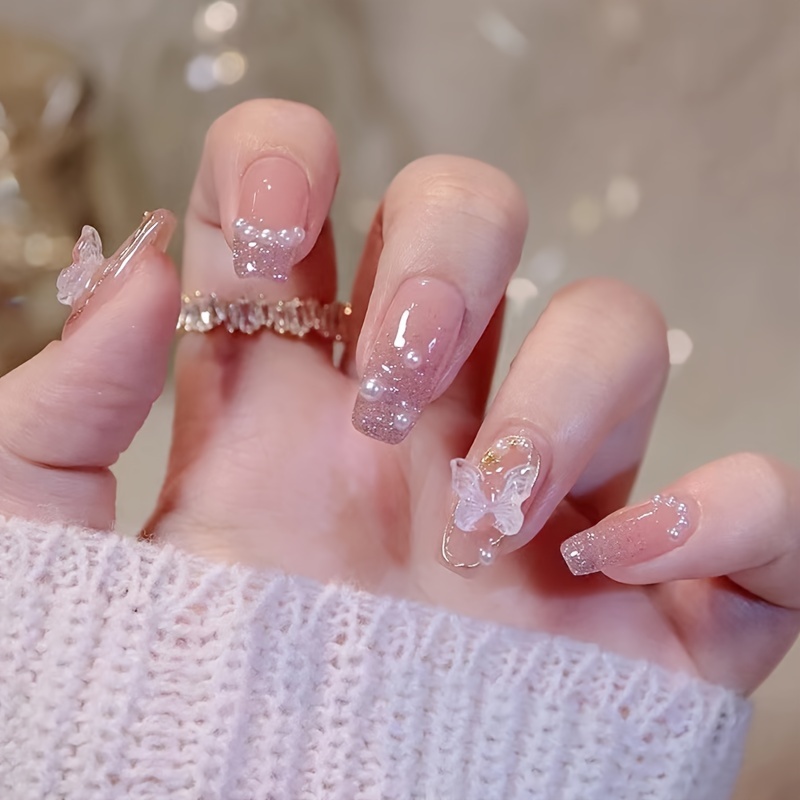 24pcs Press On Nails Medium Coffin Fake Nails White French Tip Ballerina  Acrylic Nails With 3D Bow And Pearl Design Glossy Sweet Valentine's Day  Glue